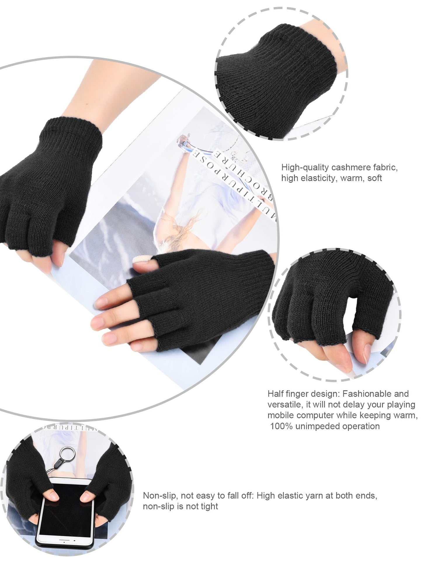 Bememo 4 Pairs Fingerless Gloves Half Finger Mittens Winter Solid Color Typing Knitted Gloves for Boys and Girls(Black)