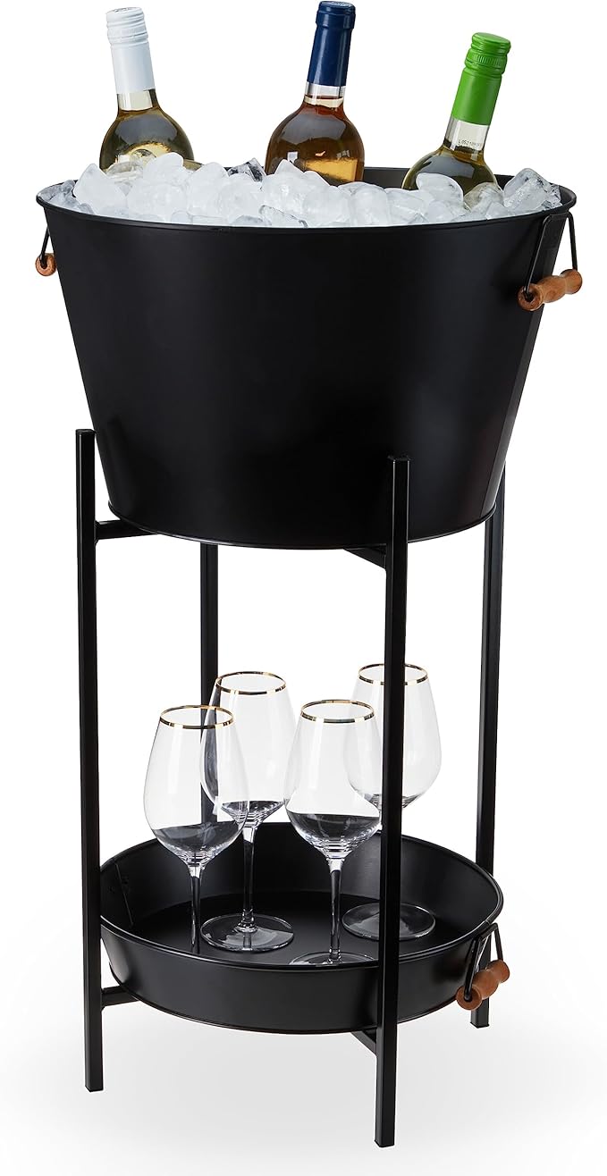 Twine Black Beverage Tub with Collapsible Stand, Large Metal Bucket and Tray, Ice Drink Buckets with Acacia Wood Handles f...