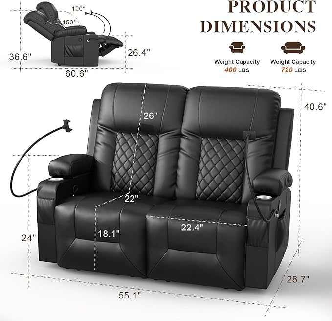 FURNIMAT Loveseat Recliner Sofa Set with 2+1+1 Pieces, 2 Seater Reclining Loveseat Couch with USB Ports, Cell Phone Holders, 2 Recliner Chairs with Vibration Massage and Heat, Living Room, Bedroom, RV