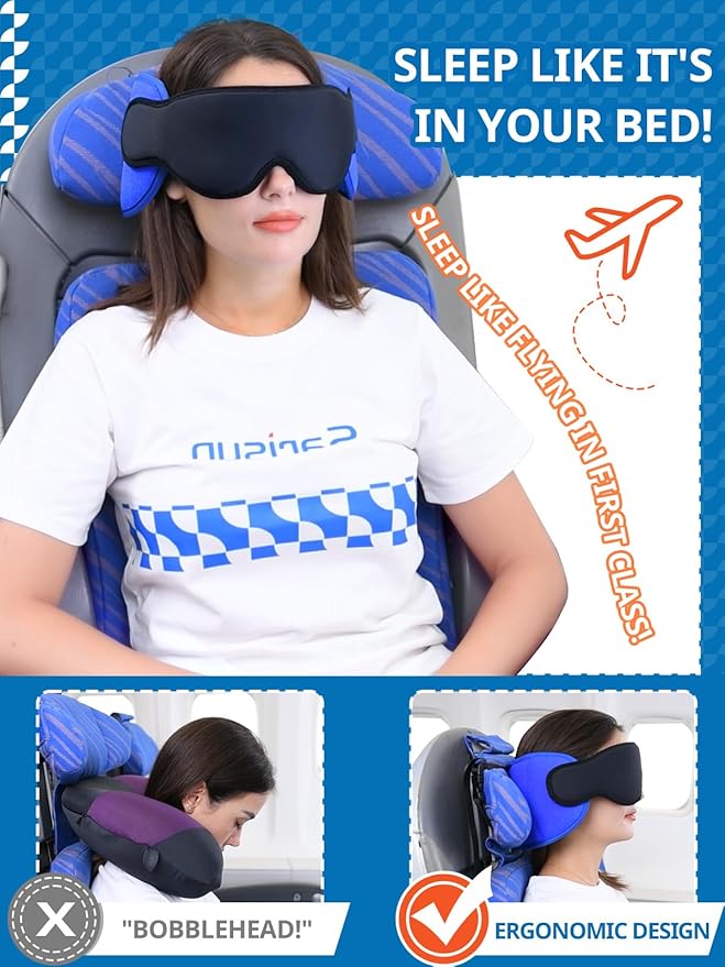 SARISUN 3 in 1 Airplane Travel Essentials Kit, Travel Pillow with Head Support, 3D Eye Mask for Sleeping, No Collapse Foot Hammock for Airplane, Portable Long Flights/Car Road Trip Essentials Sets