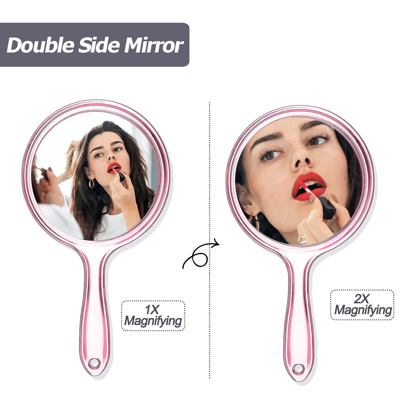 Jetec Double Sided Handheld Mirror - 1X/ 2X Magnifying Mirror with Handle - Rounded Shape Makeup Mirror (Pink)