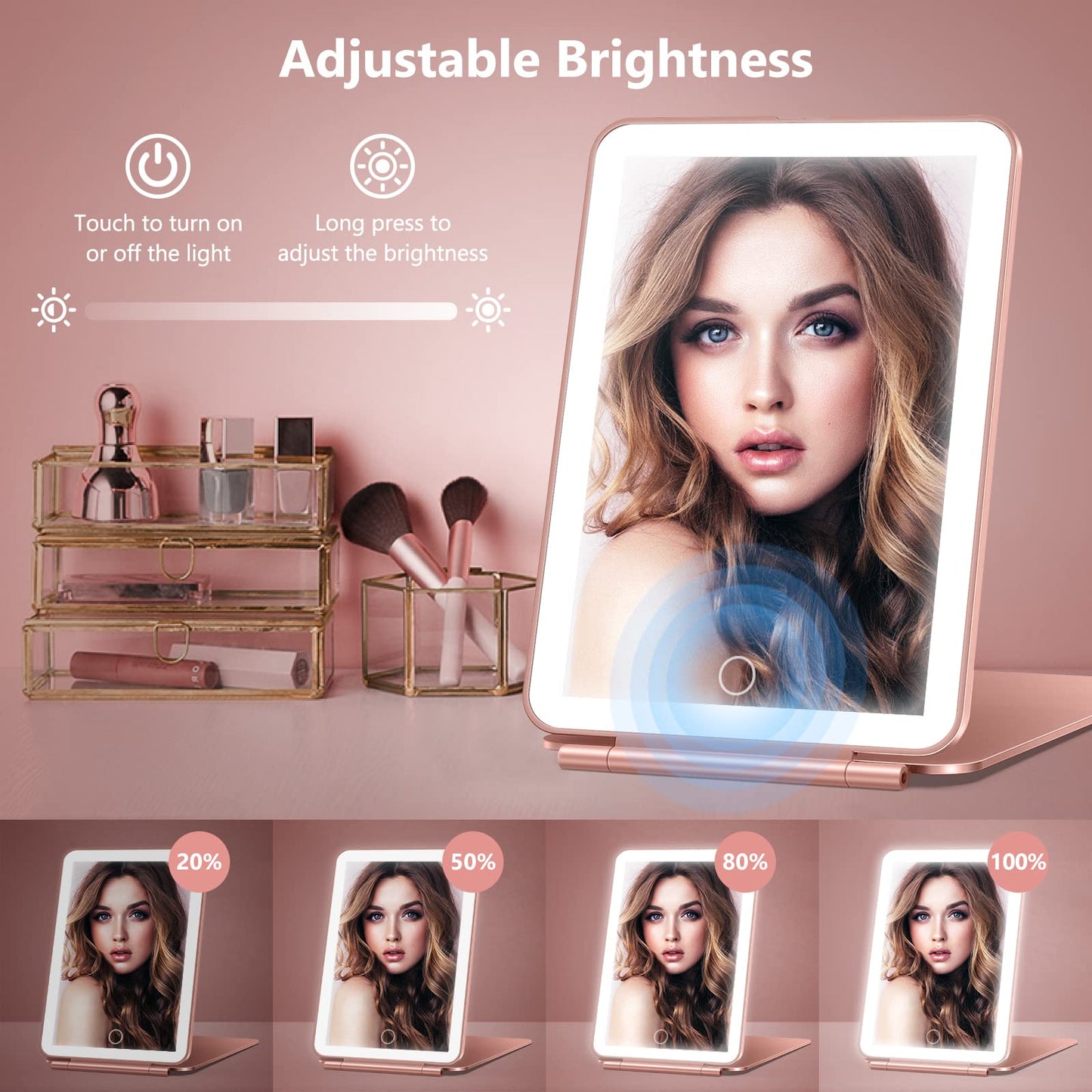 miroposs Rechargeable Travel Makeup Mirror, Vanity Mirror with 80LEDs, 3 Color Lighting, 2000mAh Battery, Portable Ultra Slim Li