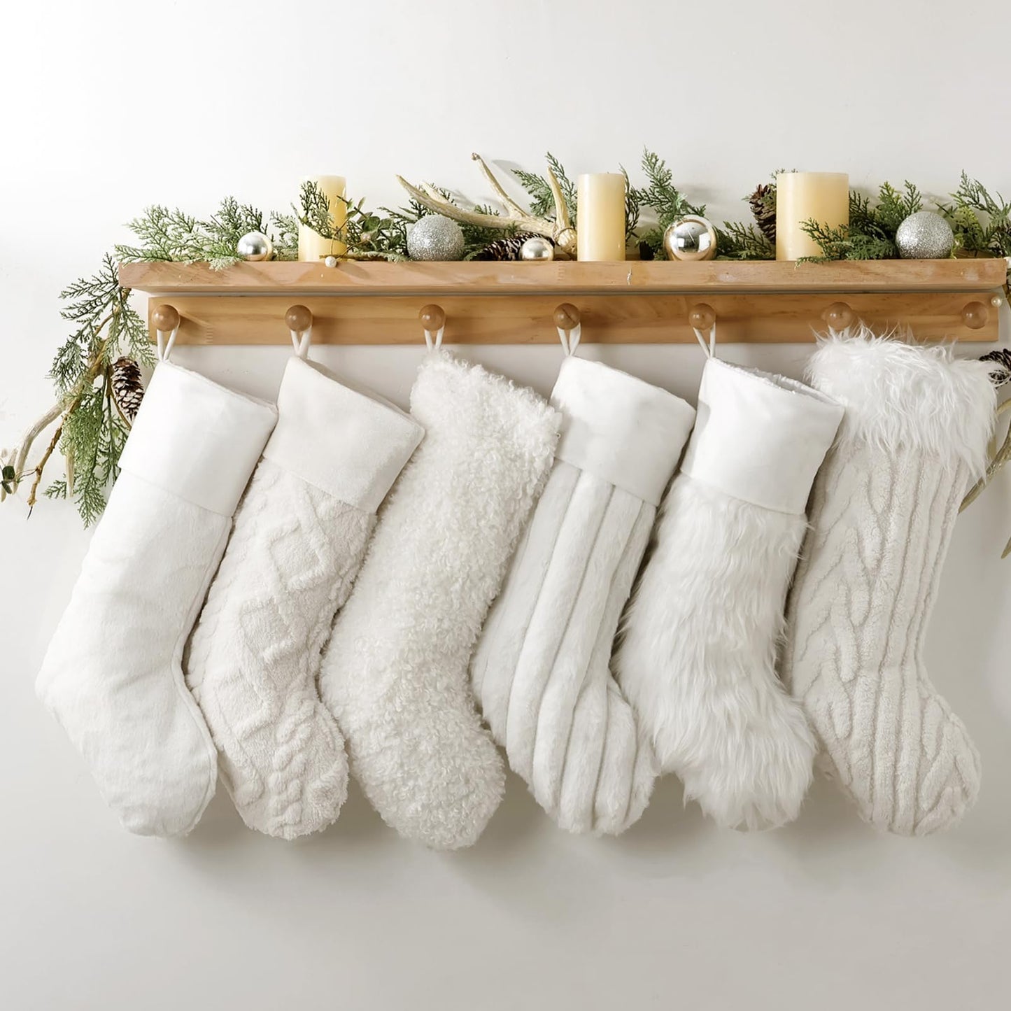 Christmas Stockings, 6 Pack 18 Inch Luxury Snow White Thick Plush Faux Fur Personalized Stockings with 6 Styles of Textured Patterns, Home Décor Party Christmas Decorations Gift for Mantal Fireplace