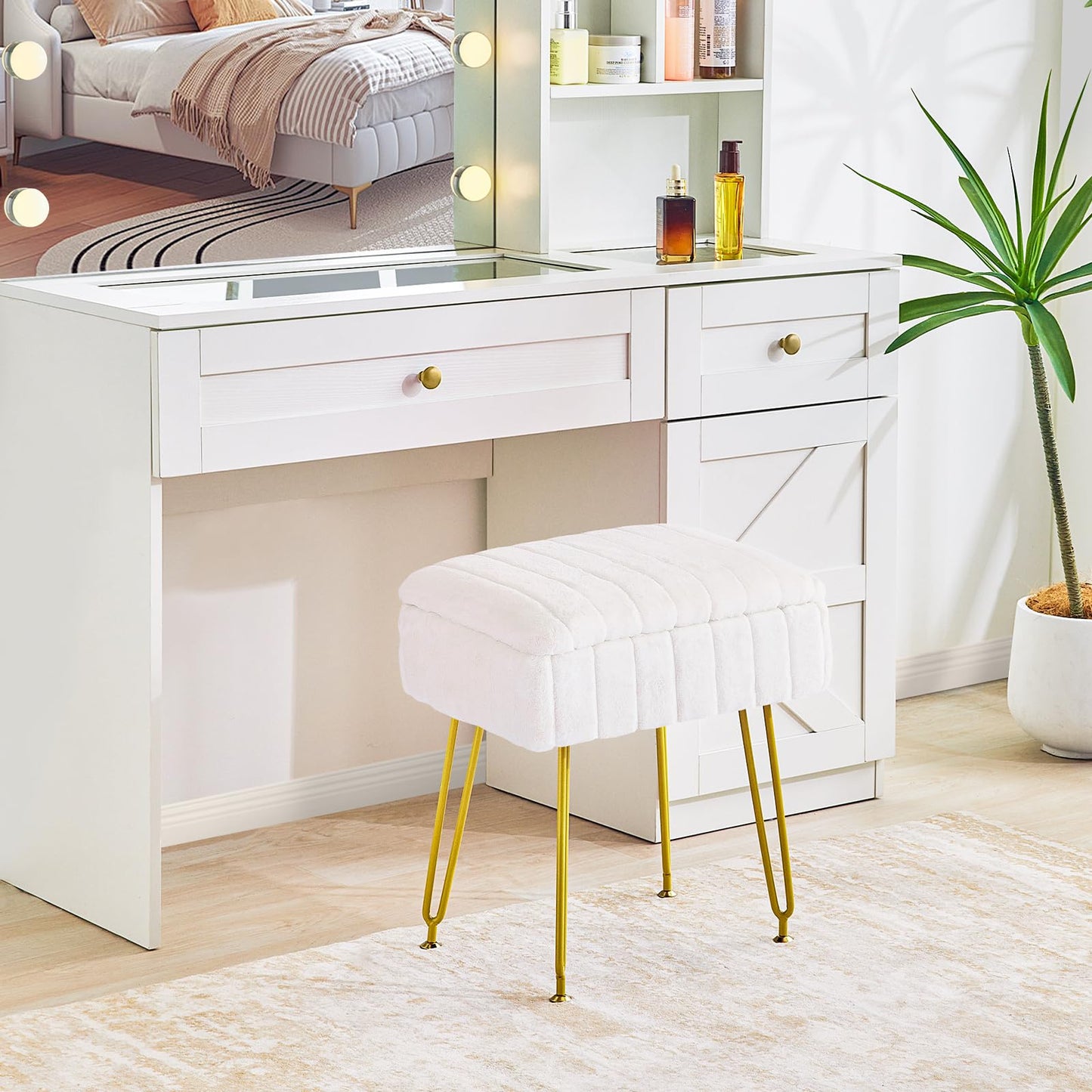 Redlife Vanity Stool with Storage, Vanity Stool Chair, Faux Fur Vanity Chair with Gold Metal Leg, Footrest Footstool Ottoman, Multifunctional Makeup Vanity Chair for Vanity Makeup Room Bedroom(White)