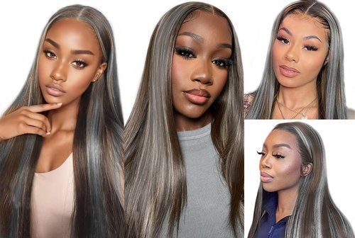 Giginger Bundles Human Hair P4/GREY 20 22 24 inch Straight Wave Human Hair Bundles Highlight Chocolate Grey Unprocessed Quick Weave Soft Sewn In Hair Extensions for Black Women