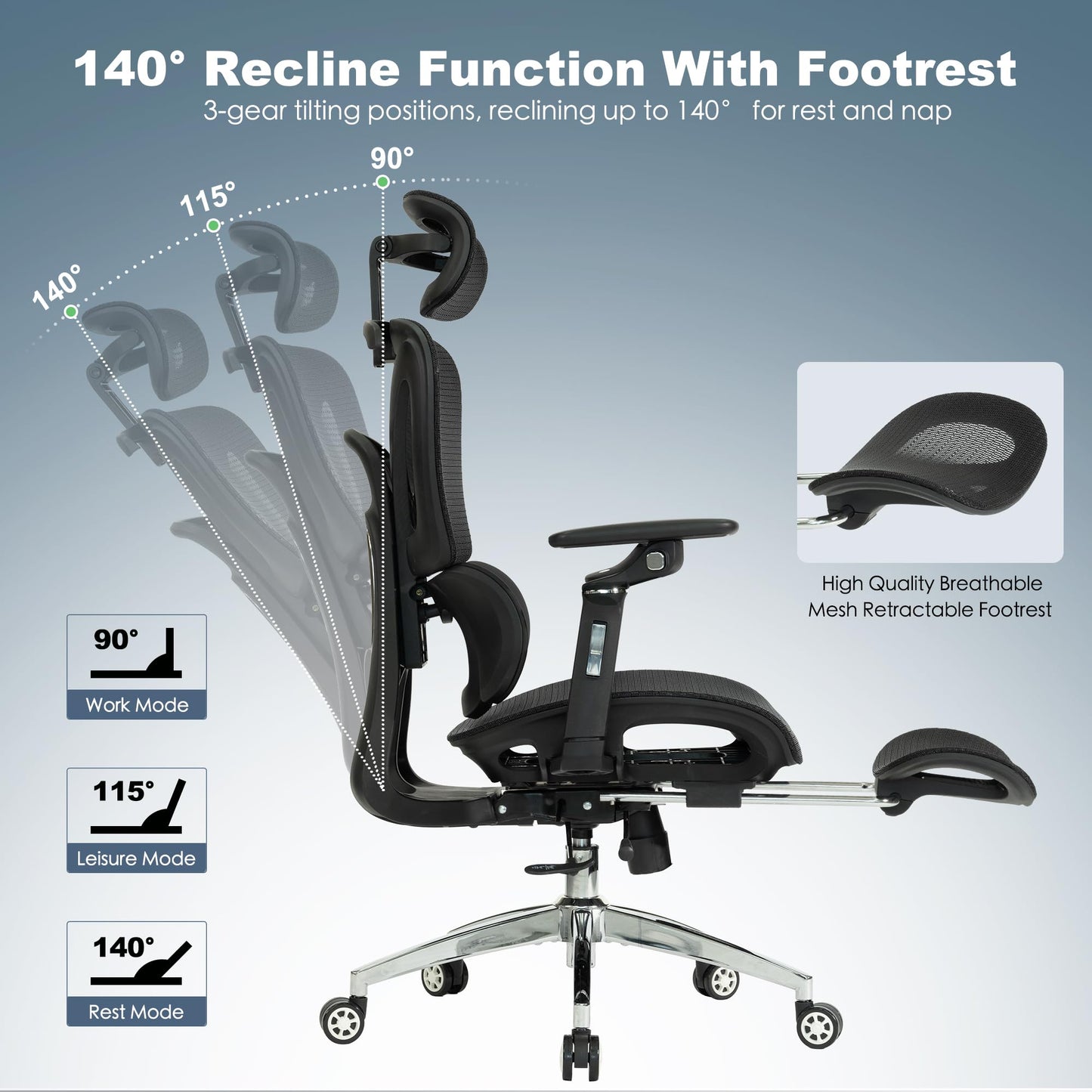 Ergonomic Mesh Office & Gaming Chair with Footrest, High Back Home Office Desk Chair, Comfortable 3D Lumbar Support, 130° Tilt, Adjustable Seat Depth, Adjustable 6D Armrest & 3D Headrest(Black Pro)