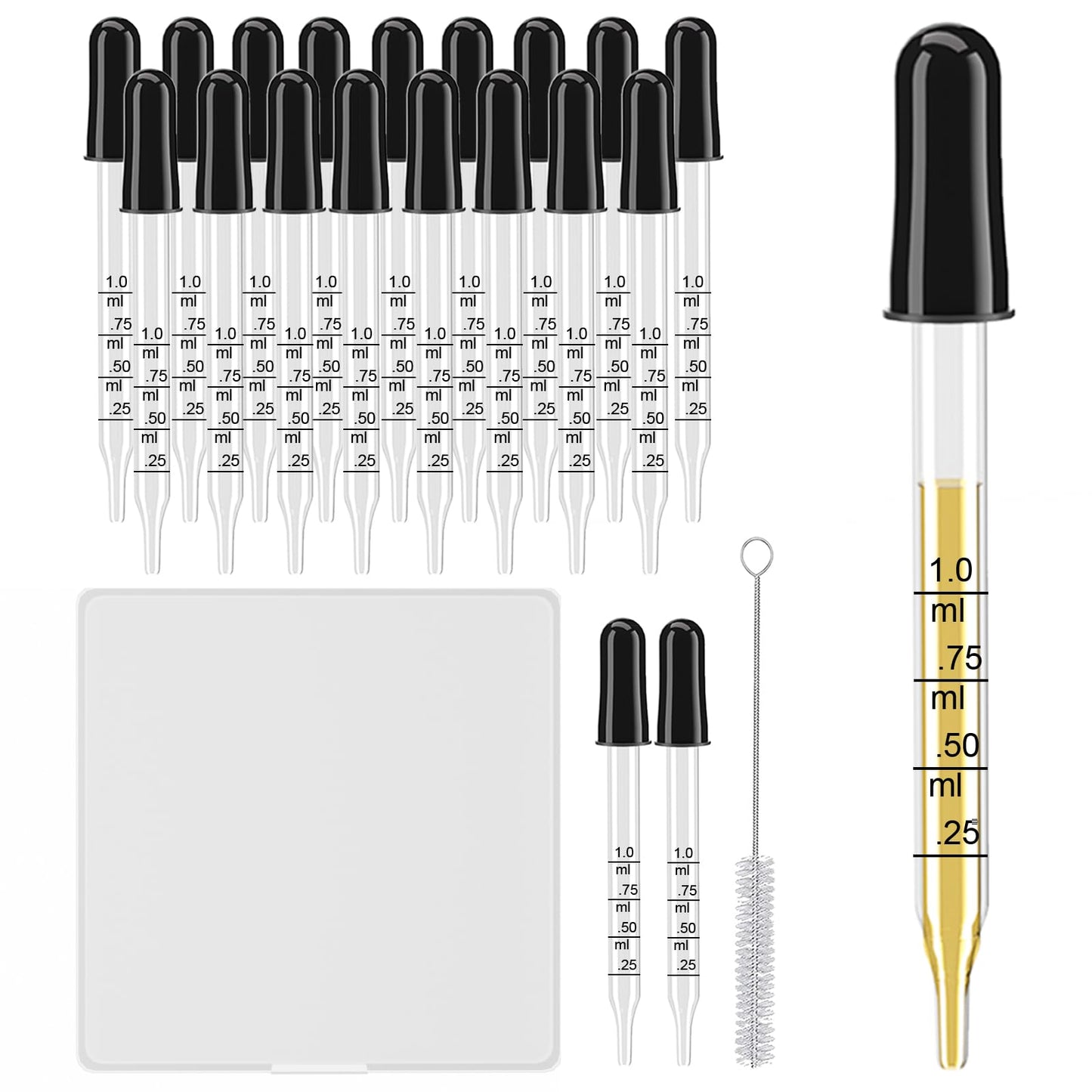 20Pcs Eye Droppers with Storage Case, Glass Pipette Dropper with Cleaning Brush for Essential Oil, Medicine, Crafts, Accurately 1ml Pipette for Mixing Paints, Lab Use, Animal Feeding, Ear&Eye Drops