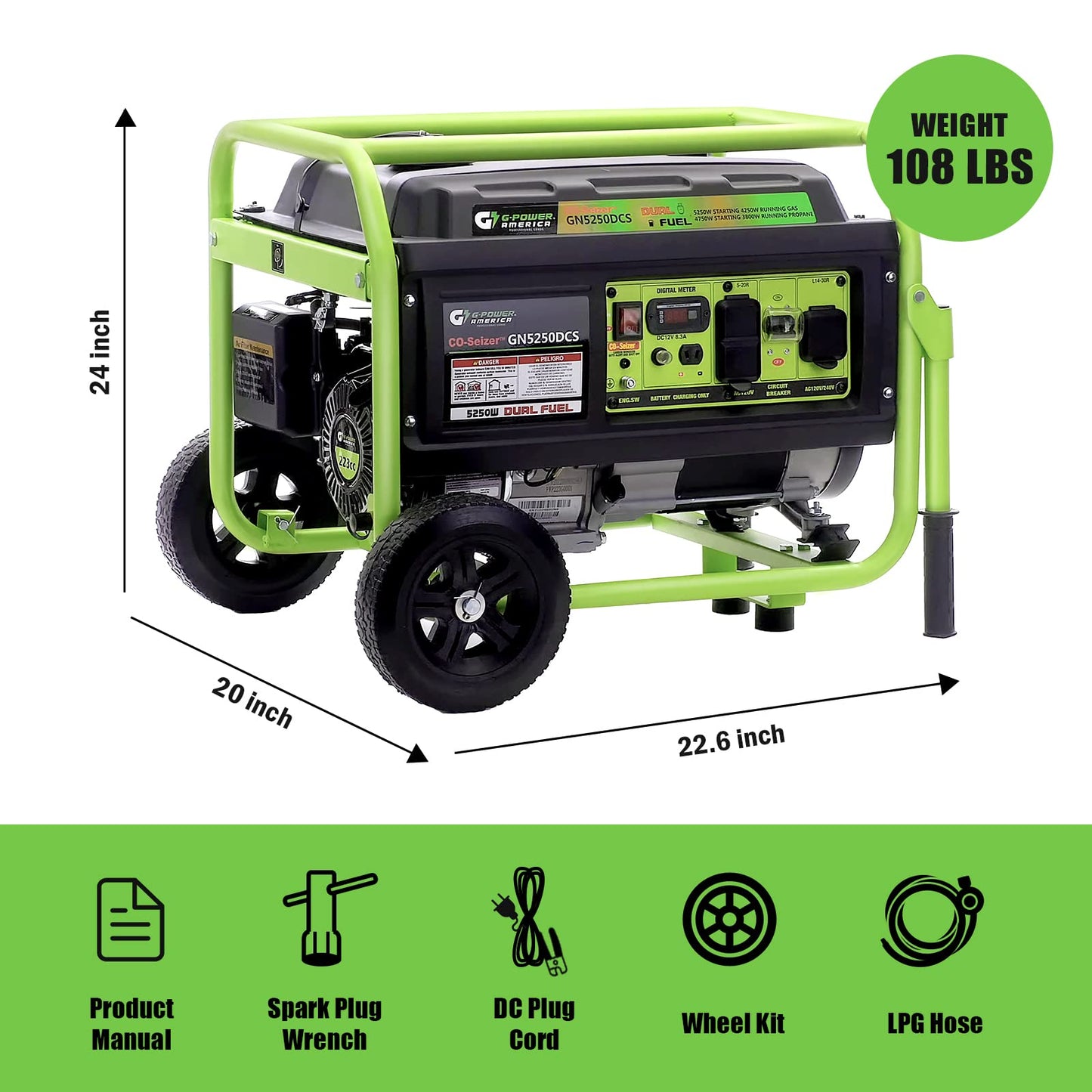 Green-Power America 5250 Watt Dual Fuel Portable Generator, Gas & Propane, Manual Start, CO Protection System, Home Backup Power, RV Ready