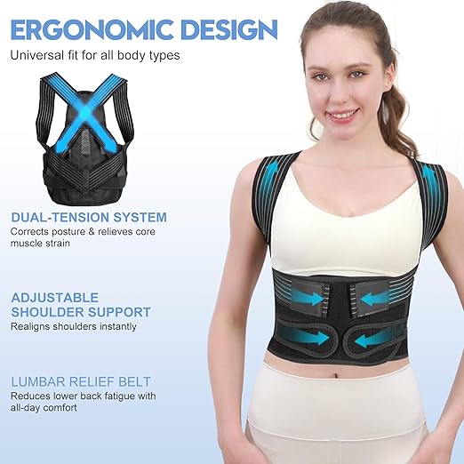 Posture Corrector for Women and Men with Bionic System, Upgraded Back Brace, Adjustable Full Back Support, Shoulder Straightener, Neck, Upper and Lower Back Pain Relief S-Black-6