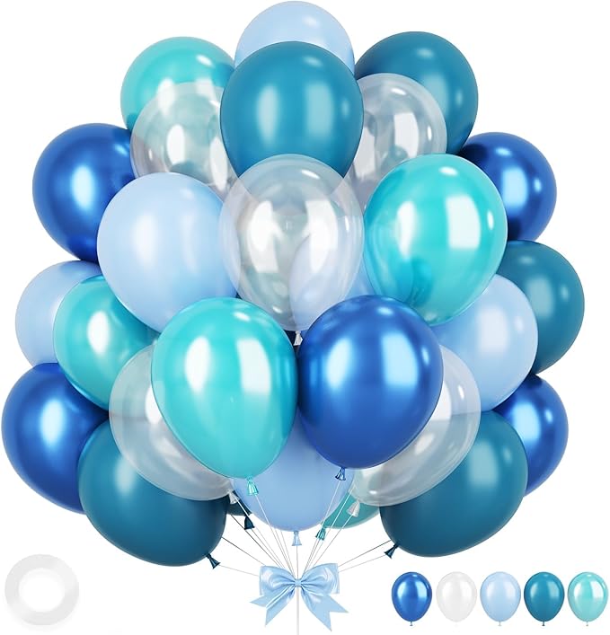 Ocean Themed Party Balloons, 12 Inches Turquoise Teal Blue Clear Metallic Balloons for Ocean Shark Sea Themed Pool Party B...