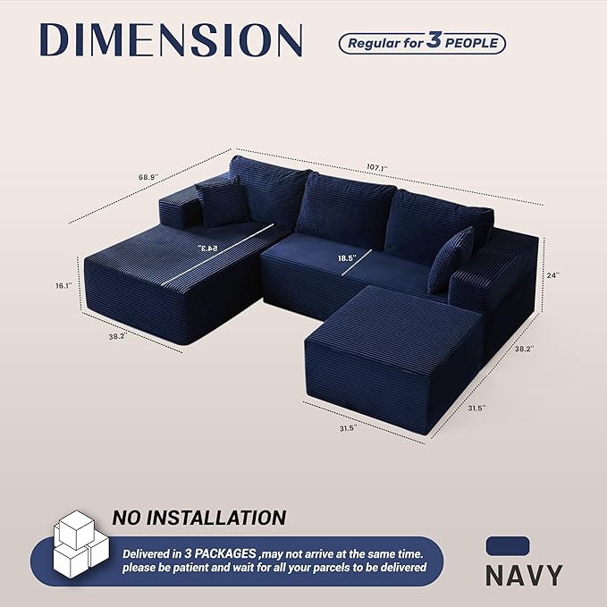 Afuson 107" Boneless Couch with Deep Seat, Modular Sectional Sofa, Cloud Sectional Couch for Living Room, No Assembly Required, Corduroy, U-Shape 3 Seater Left, Blue