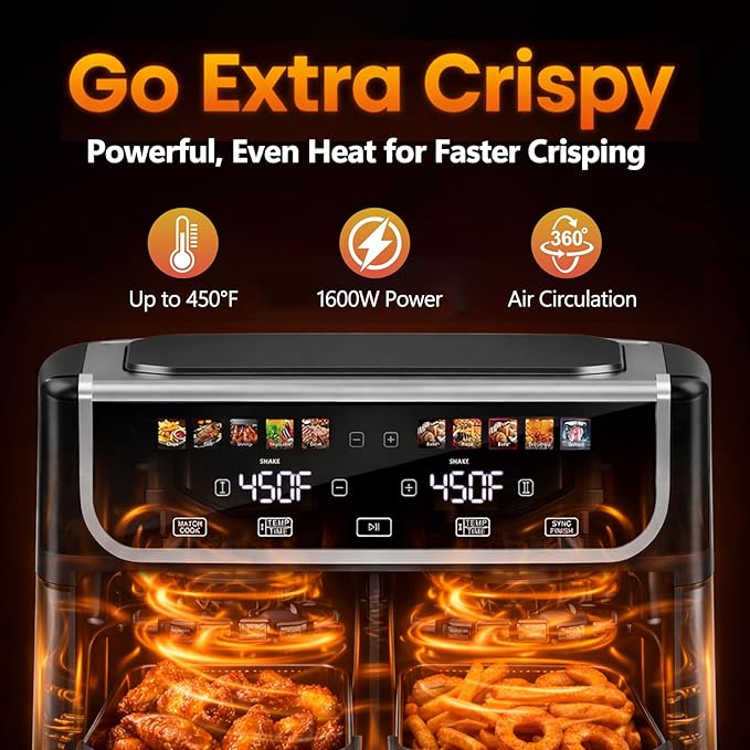 Simple Deluxe 9.5-Qt Dual Basket Air Fryer, 10-in-1 Digital Preset Airfryer, Sync Cook, Independent Temp Control, Shake Reminder, Nonstick Basket, Black
