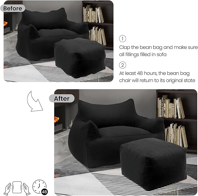 YOURLITE Bean Bag Chair for Adults with Footrest, High-Resilience Foam Filled Bean Bag Sofa with Armrests and Backrest, Comfy Corduroy Floor Sofa for Living Room, Bedroom or Balcony (Dark Grey)