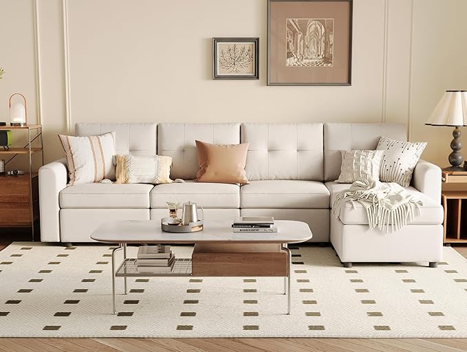 LINSY HOME Modular Sectional Sofa Oversized, Rubik III Removable Cover Living Room Couches with Storage Deep Seat & Ottoman Chaise L/U Shaped Sofa Modern Couch, Beige