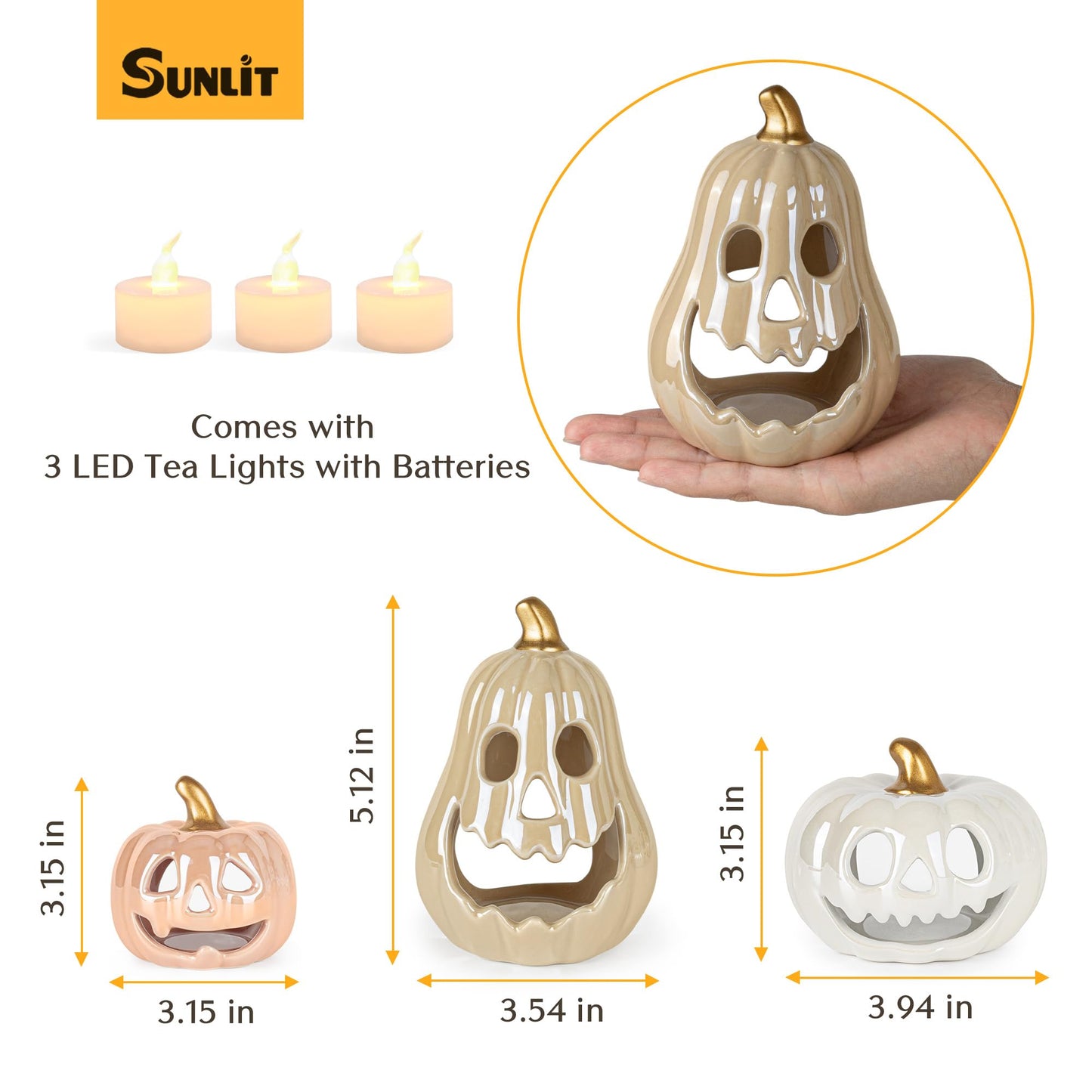 Sunlit Ceramic Pumpkin with 3 Tea Lights, Jack-O-Lantern Candle Holder Set of 3, Tabletop Indoor Halloween Decorations for Holiday Party Home, Pearl Finish