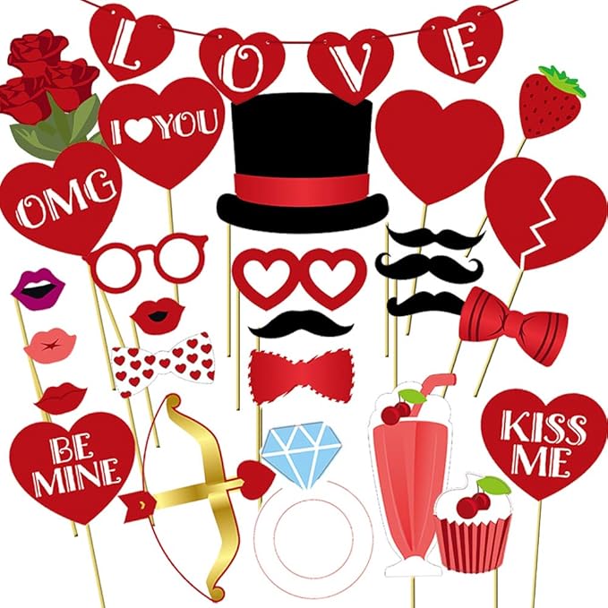 Valentines Day Photo Booth Props 35 PCS, DIY Funny Disguise Props Valentines Day Decorations with Love Banner - Valentines...