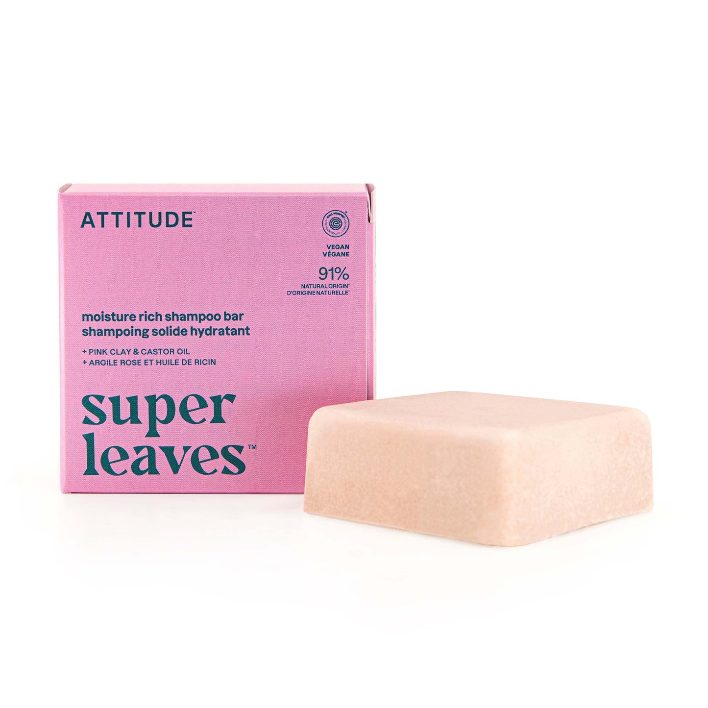 ATTITUDE Moisture Rich Shampoo Bar, Natural Origin, for Ultra Dry and Damaged Hair, Castor Oil & Pink Clay, EWG Verified & Clean