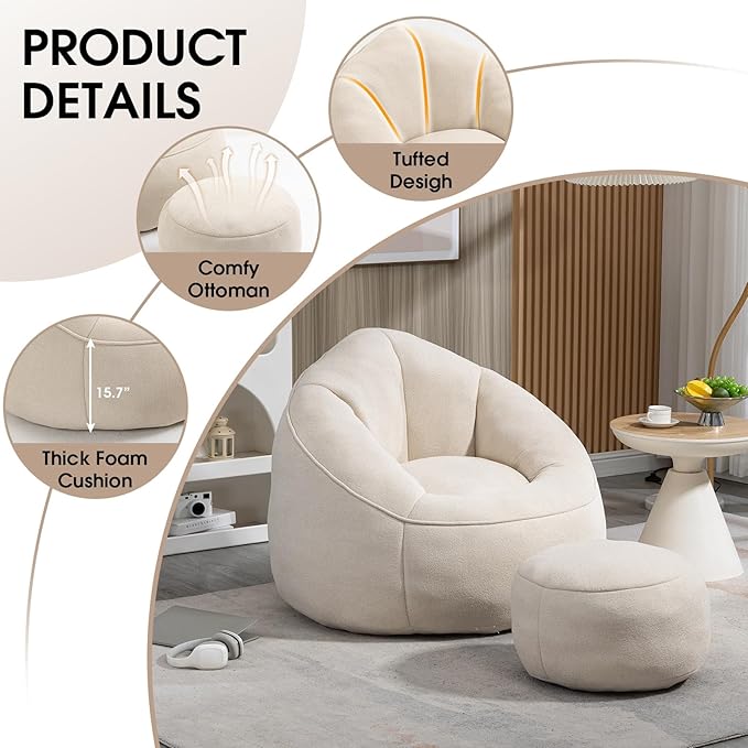 Sudwesto Bean Bag Chair for Adult, Microfiber Upholstered Bean Bag Sofa with Petal Back, Shell-Shaped Beanbag Chair with Footstool, Memory Foam Stuffed Lazy Sofa for Living Room, Bedroom (Beige)