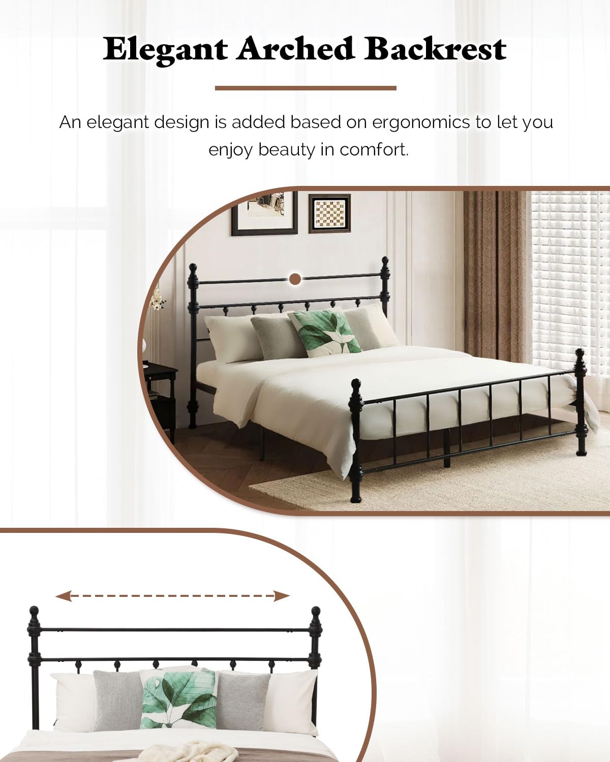 Queen Size Bed Frame, Metal Platform Bed with Straight Headboard, Retro Luxury Roman Column, Easy Set up, No Box Spring Needed, Storage Space Under-Bed（Queen）