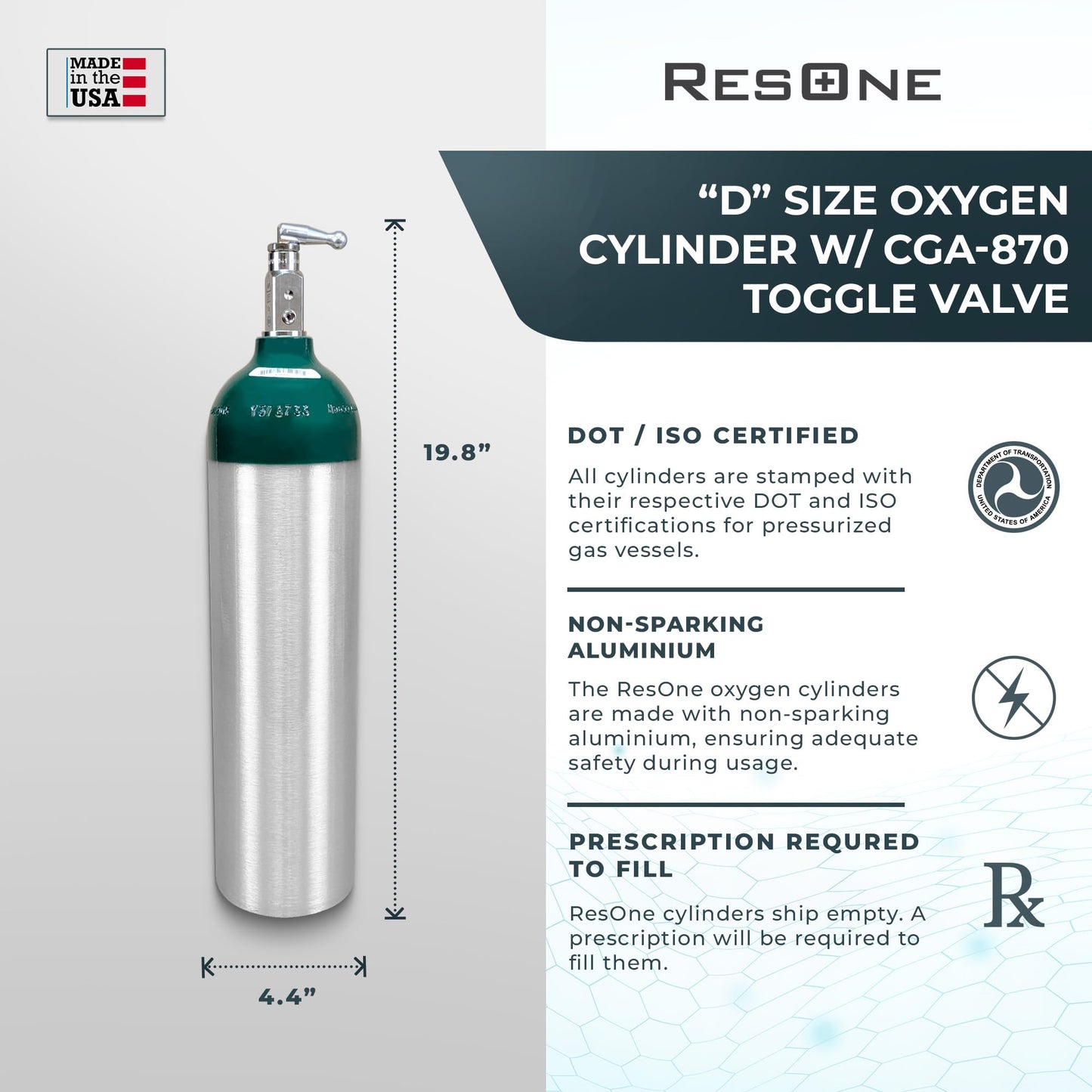 ResOne Portable Aluminum Medical Oxygen Cylinder, D Size, with CGA-870 Toggle Valve for Medical Use - Non-Sparking, Green Dome, Brushed Finish, 14.3 cf, Ships Empty, Prescription Required to Fill