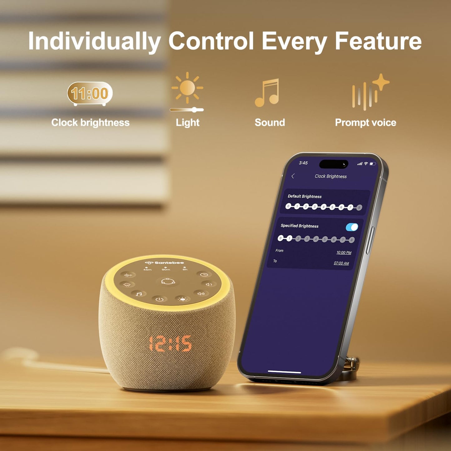 White Noise Sound Machine for Sleeping, 388 Soothing Sounds, Smart APP Control, Custom Buttons, Non Looping Natural Sounds, Bedside Dimmable Clock, Night Light, Santebee for Adults Baby Kids Lullaby