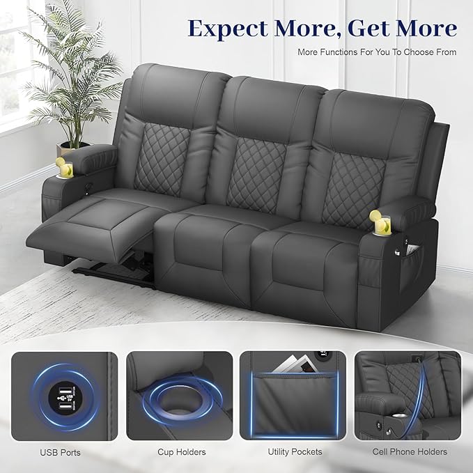 FURNIMAT Oversized Recliner Sofa Set with 2+3 Pieces in Living Room, PU Leather Loveseat Recliner Couch, Modern 3 Seats Dual Reclining Sofa with Cup Holder and 2 Cell Phone Holder, USB Ports, Gray