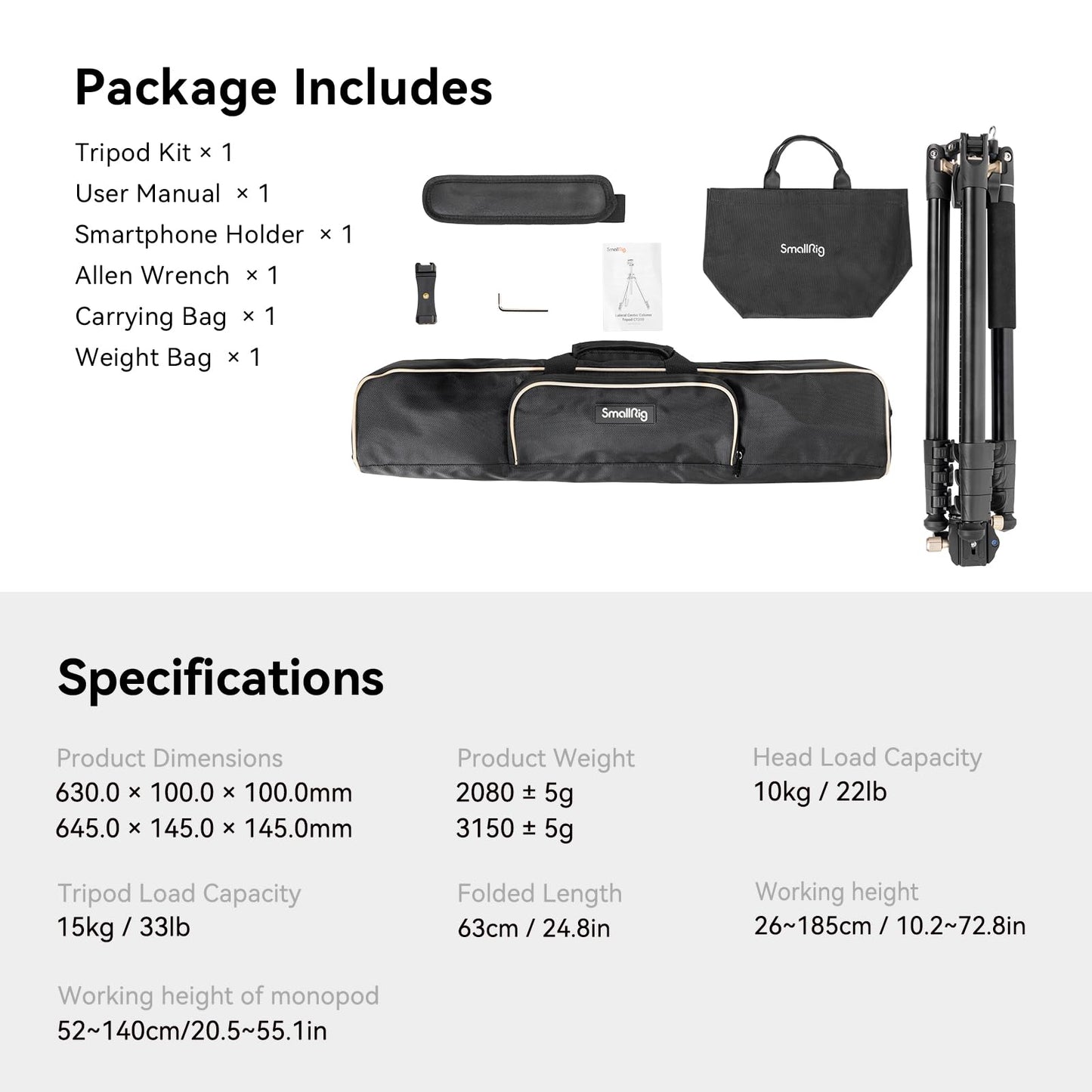 SmallRig CT200 72.8"/200cm Horizontal Overhead Tripod for Camera with Smartphone Holder & Carrying Bag, 33lb Max Load Aluminum Horizontal Camera Tripod for Overhead Shots