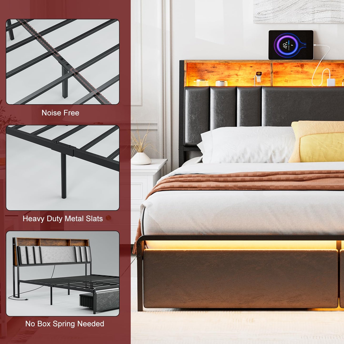 AOVSA California King Bed Frames with Ergonomic Hidden Storage headboard & Dustproof Drawers, Upholstered Cal King Platform Bed with LED Lights and Charging Station, No Box Spring Needed, Black