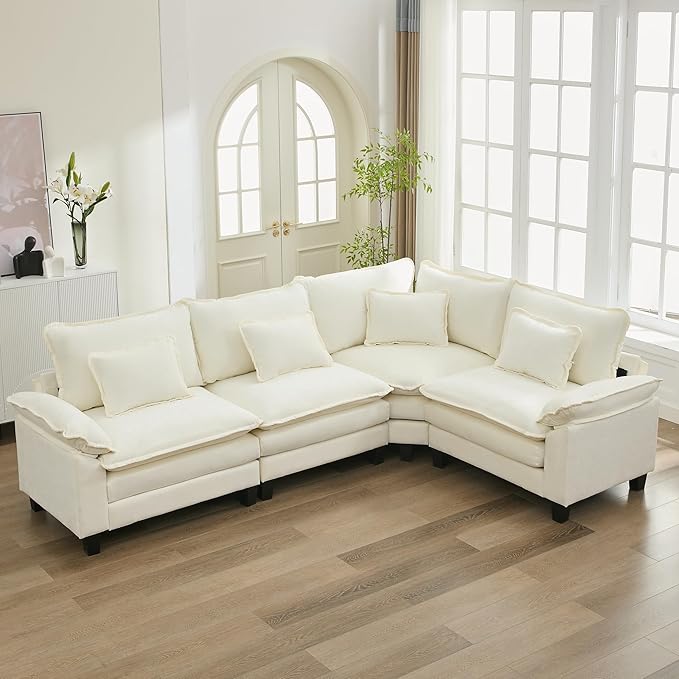 URRED Cloud Couch Modular Sectional Sofa, 116" Modern L Shaped Deep Seat Sofa with Pillows, Ultra Comfy Chenille Corner Couches for Living Room, Bedroom or Apartment, White