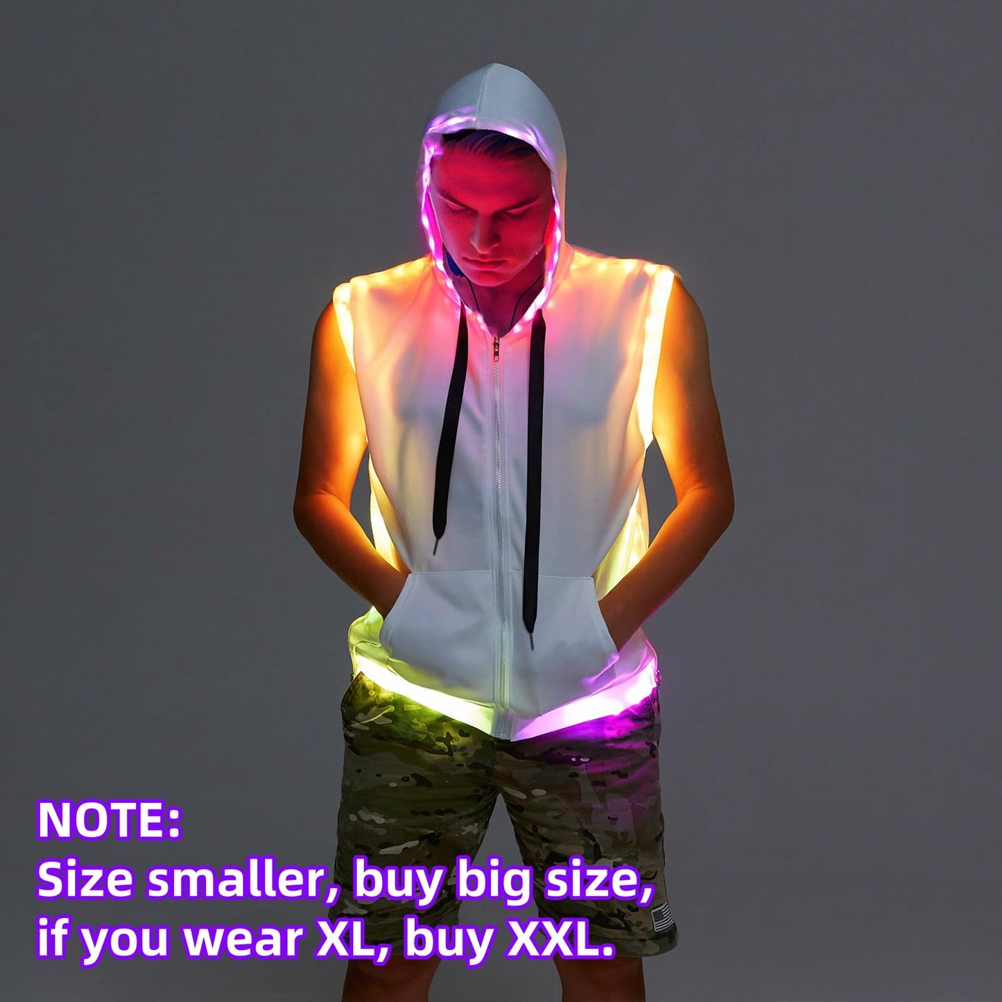 Men's White Hooded Tank LED Light Up Music Player DJ Shirt Disco Outfit Rave Tops Night Club Show for Halloween Dance Party (White, XL)