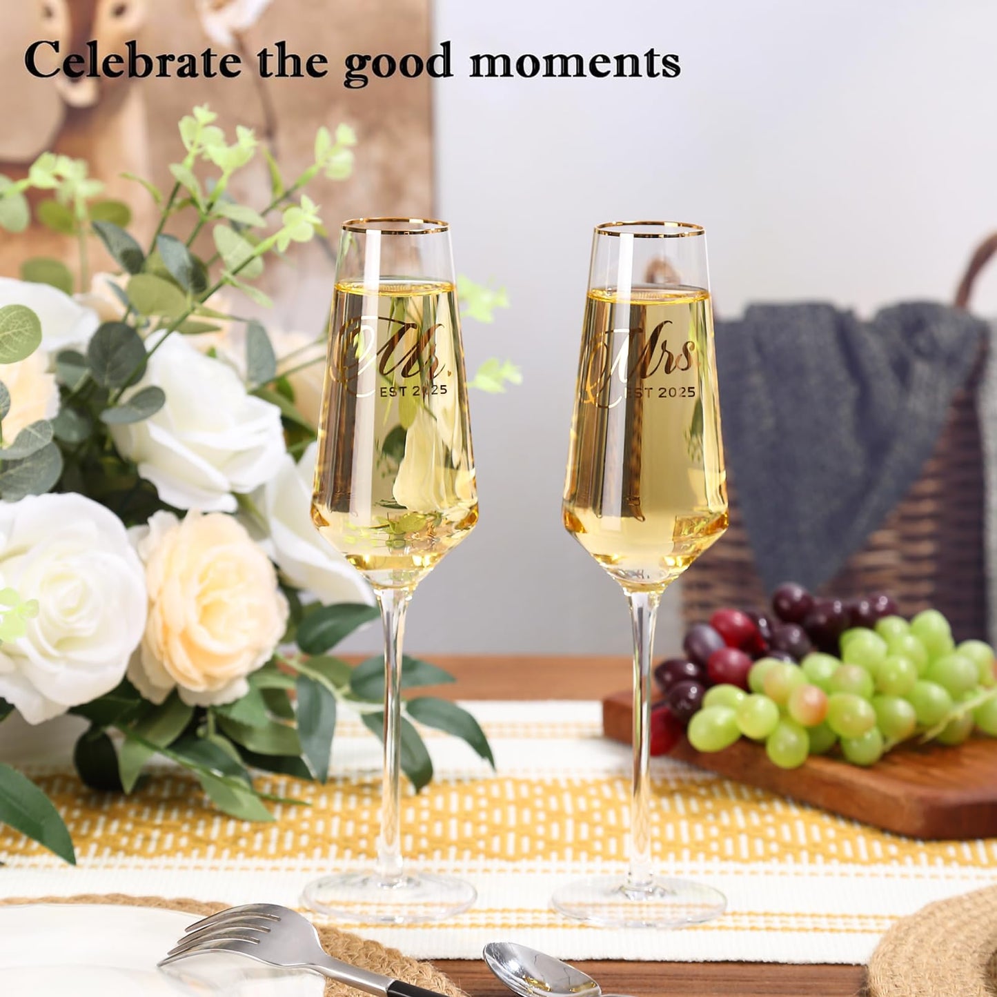 comfit Mr and Mrs Champagne Glasses Set of 2, Long Stem Wedding Champagne Flutes 2025, Bride and Groom Toasting Crystal Glass Set,Engagement Gifts for Couples, Newlyweds, Anniversary,8.5oz
