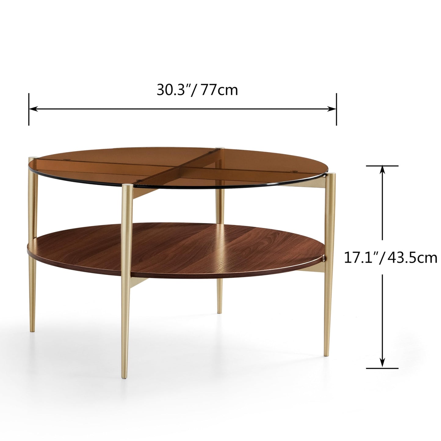 Shrine Round Glass Coffee Table, Mid-Century Modern Design, D30 x H17 in, 2-Tier Structure, Amber Glass Top and Walnut MDF Shelf, Sleek Conical Metal Legs with Gold Finish