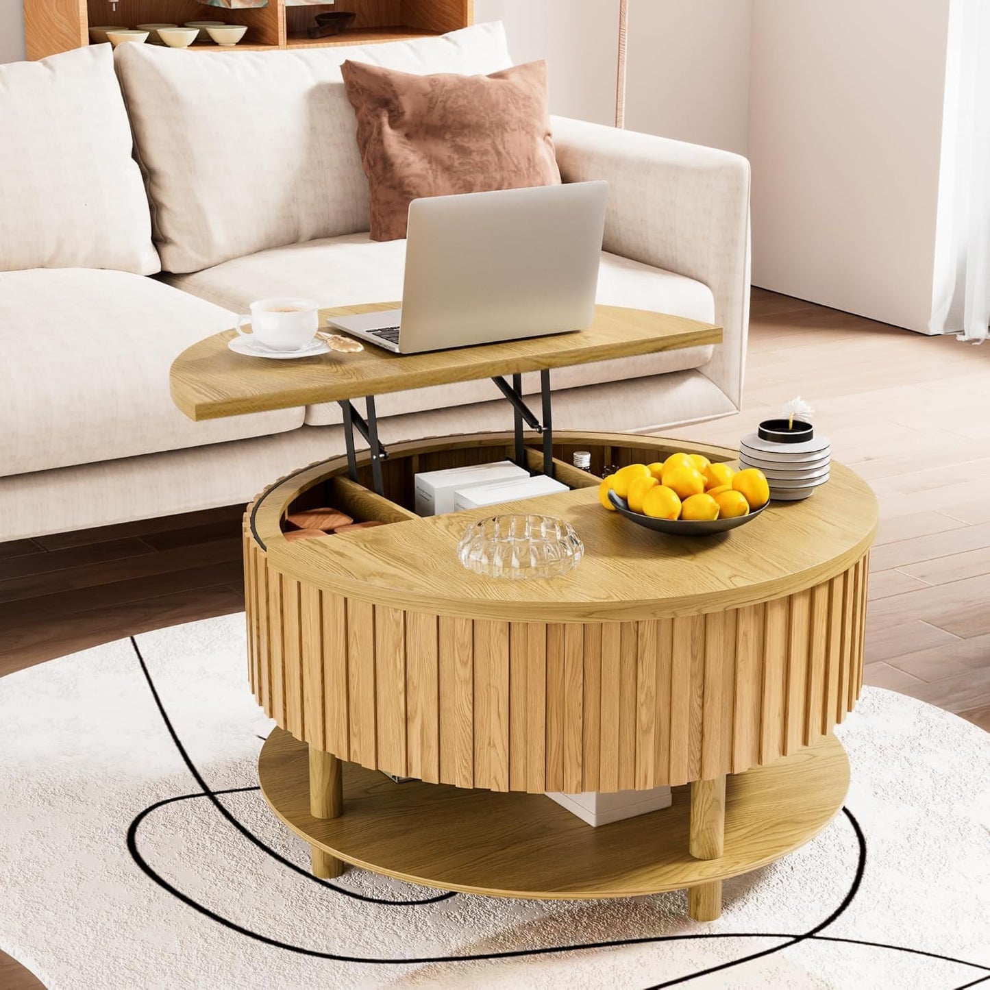 Limaoaio Round Lift Top Coffee Table with Storage, 31.5'' Modern 2-Tier Coffee Table with Hidden Storage Compartment and Open Shelf, Fluted Center Table for Living Room Home Office (Wood Color)