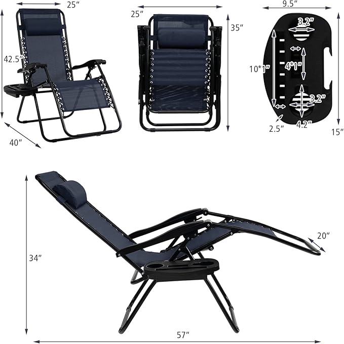 Tangkula Zero Gravity Chair, Folding Patio Lounge Chair Adjustable Outdoor Recliner with Cup Holder, Wide Armrest for Patio Garden Poolside Outdoor Yard Beach, Support 350 lbs (1, Navy Blue)