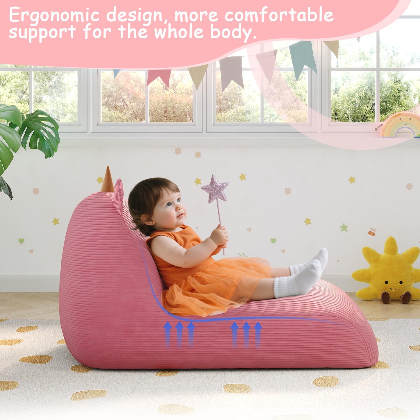 COMAX Bean Bag Chairs for Kids, Unicorn Kid Beanbag Chair with Filler, Toddler Lounge Bean Chair Corduroy, Lazy Floor Lounger for Girls and Boys Stuffed, Pink