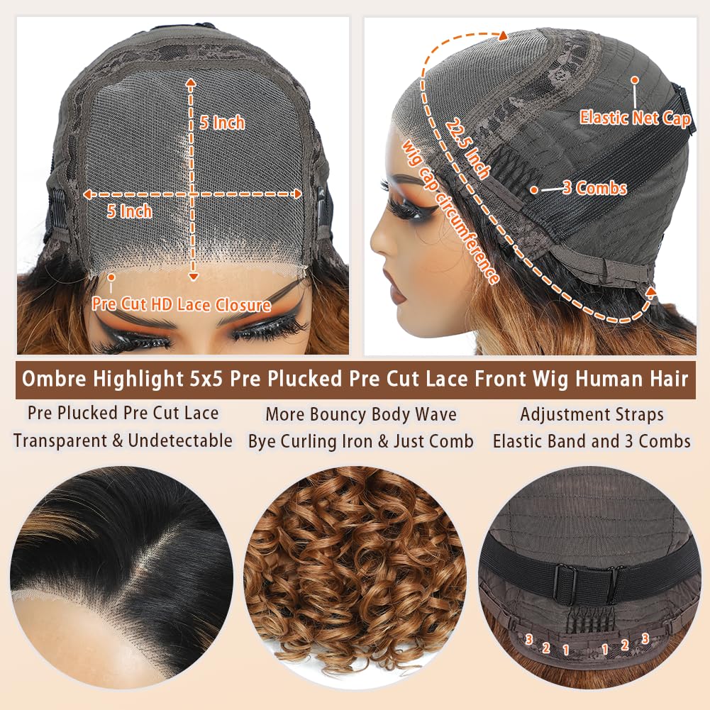 1B/30 Lace Front Wigs Human Hair Highlight Ombre 5x5 Pre Cut Lace Front Wigs Human Hair Dark Root to Brown 5x5 HD Lace Closure W