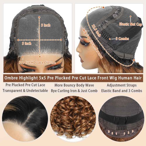 1B/30 Lace Front Wigs Human Hair Highlight Ombre 5x5 Pre Cut Lace Frontal Wig Human Hair Dark Root to Brown 5x5 HD Lace Closure Wigs Glueless Bouncy Body Wave Lace Frontal Wigs 180 Density 16 Inch