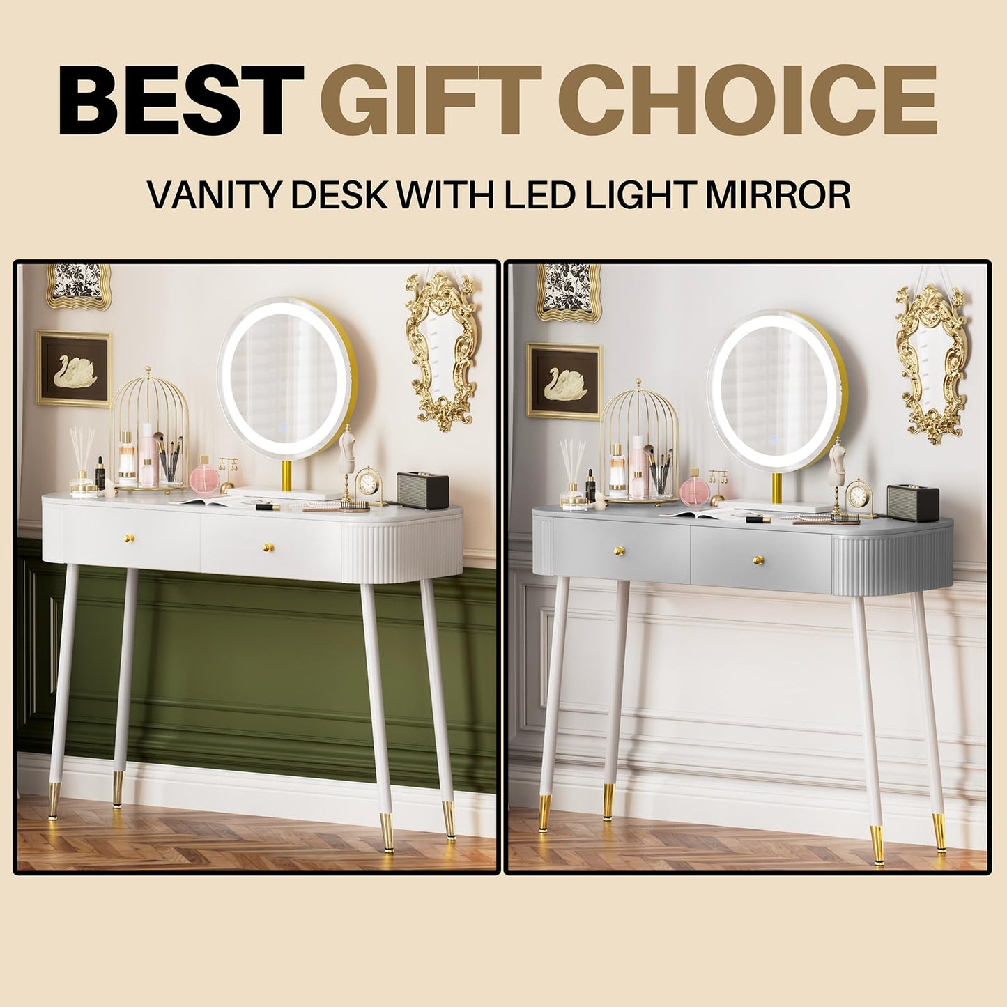 WinZo 40" Vanity Desk with Mirror and Lights, Small Makeup Vanity Table with 2 Storage Drawers and Charging Station, 3 Color Touch Screen Stylish Dressing Table for Small Spaces & Bedroom, White