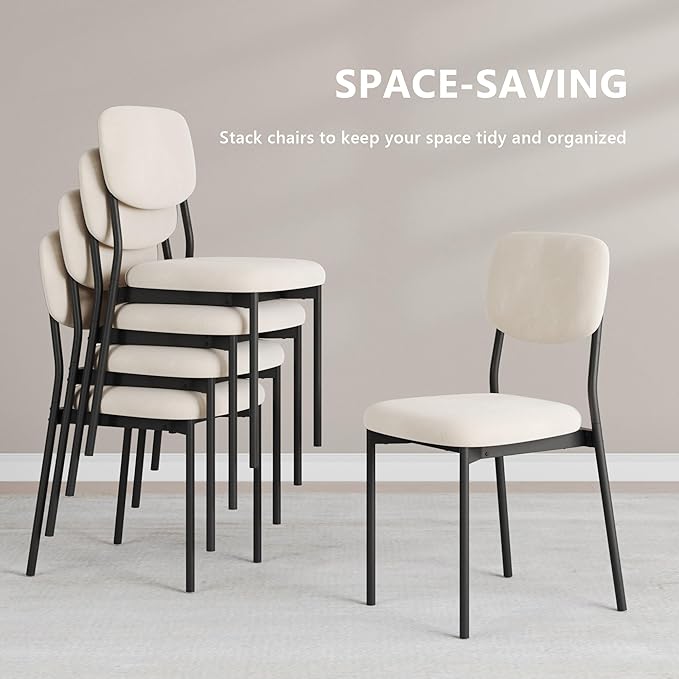 Einhomn Upholstered Dining Chairs Set of 6, Stackable Modern Dining Room Chairs, Kitchen Chairs w/Soft Velvet Backrest & Sturdy Metal Legs for Restaurant, Living Room, Cream Beige