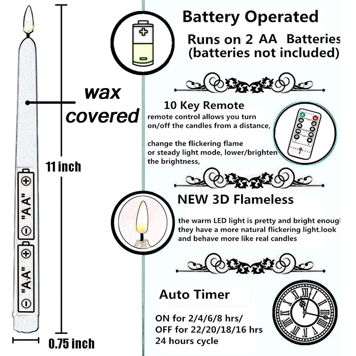 NONNO & ZGF 10 Pack White Flameless 11'' Wax Coverd Taper Candles with 2 Remote/Timer, LED Battery Bright Flickering Candle for Proposal, Wedding, Festive Candlelight Dinner and Home Decor