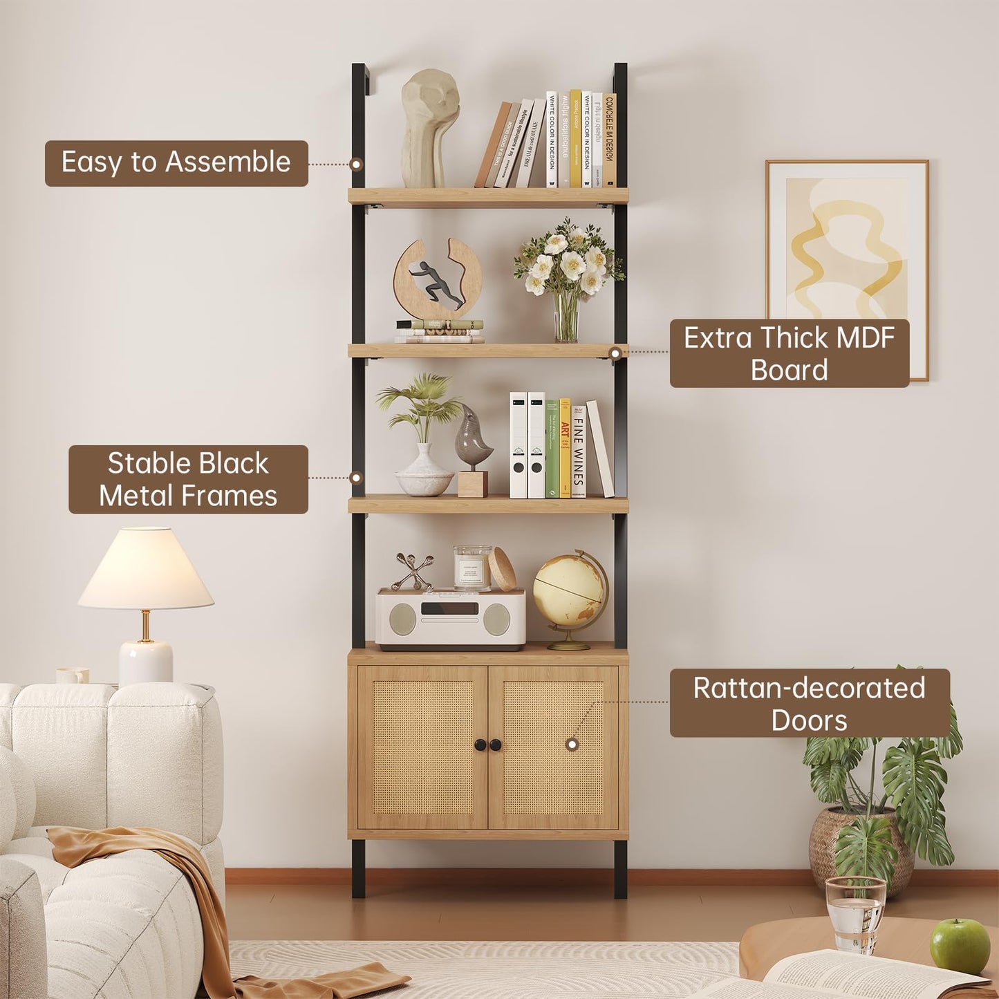 Airynee Ladder Bookshelf, 4 Tier Book Shelf with Rattan Cabinet, Wall Mount Bookshelves and Bookcases with Metal Frame, Anti Dump, Tall Bookcase for Living Room, Home Office, Bedroom
