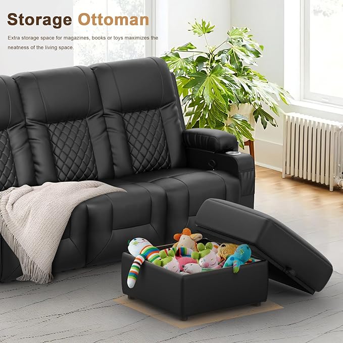 FURNIMAT Recliner Sofa with Storage Ottoman, 3 Seats Dual Reclining Sofa, PU Leather Loveseat Couch, Modern Recliner Chair for Living Room, with Cup Holder and 2 Cell Phone Holder, USB Ports