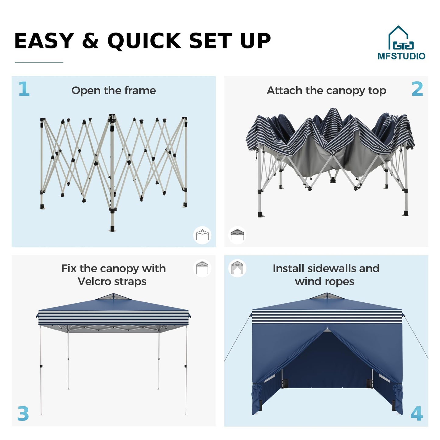 MFSTUDIO 10x10 Pop Up Canopy Tent with Removable Sidewalls, Outdoor Enclosed Instant Portable Shelter with Breathable Mesh Windows, One Person Setup, Blue Stripe