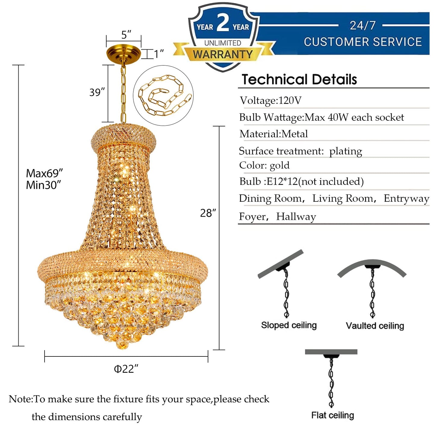 Gifarich Crystal Chandeliers for Dining Room Light Fixture,Empire Style K9 Crystal Chandeliers for Entryway,12 Lights Gold Luxury Lighting Fixtures for Living Room Stairway Bedroom Foyer D22 Inch