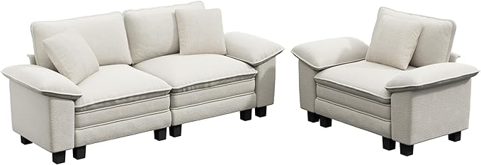 MIXPATIO L-Shaped Cloud Modular Sofa Set with Chaise, Deep Seat 3-Piece Sectional & Removable Arms, Plush Chenille for Living Room - Beige