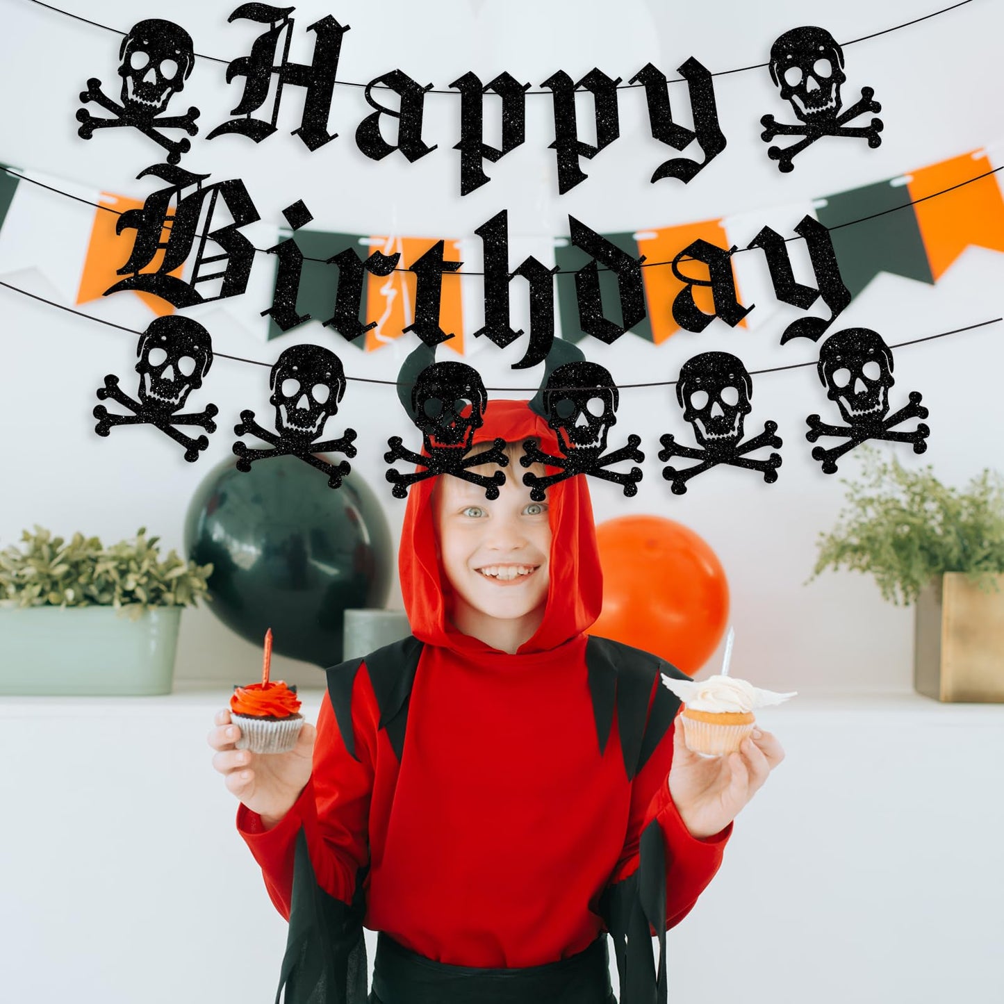 Gothic Happy Birthday Banner Black Glitter Old English Skull Garland Funny Funeral Birthday Banner for Scream Party,20th 30th 40th Birthday,Gothic Birthday Decorations,Halloween Party