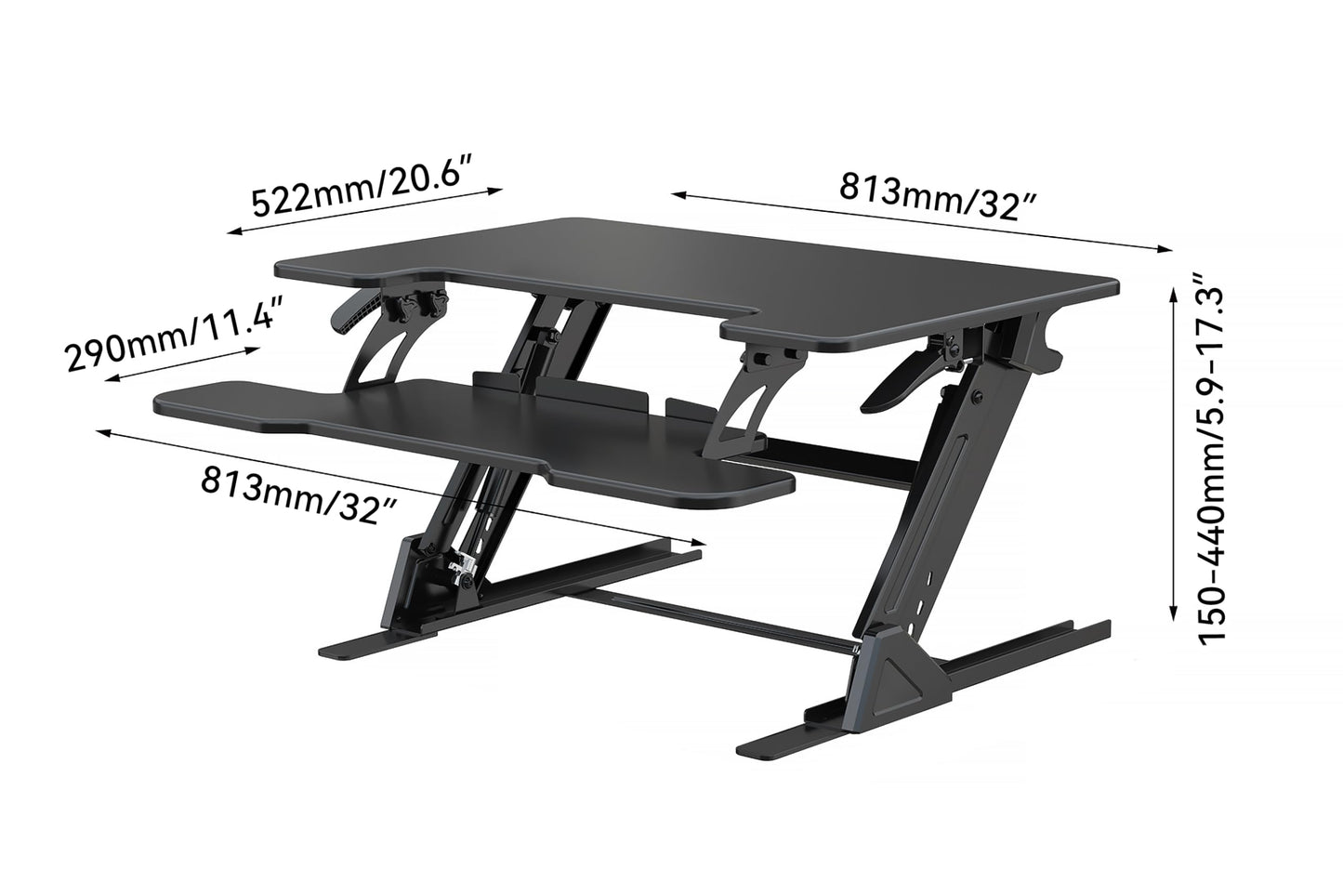 NSY Audio Standing Desk Converter 32 x 24 Inches - Height Adjustable Sit to Stand Riser with Keyboard Tray, Ergonomic Workstation for Home Office, Black