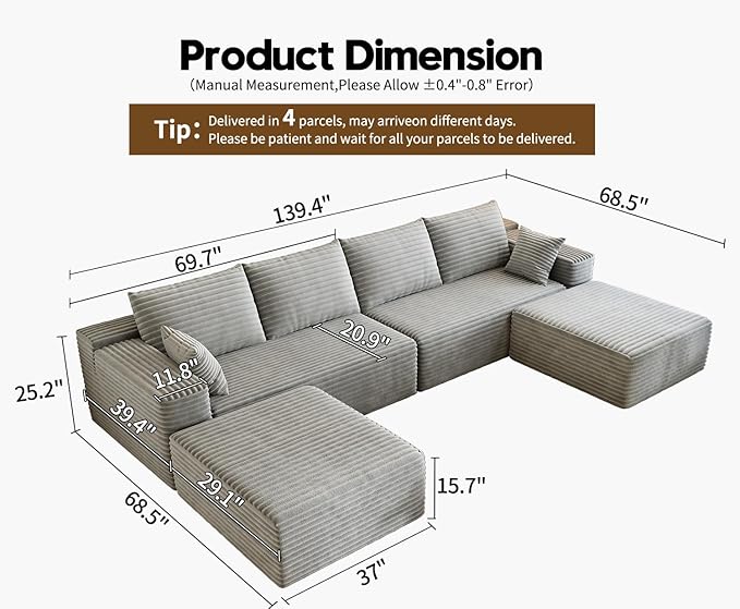 139.4" Modular Sectional Sofa, U-Shaped Minimalist Couches with 2 Ottomans Chaise, Modern Deep Seat Convertible Sleeper Sofa Bed,Cloud Plush Corduroy Fabric, No Assembly Required, 6 Seater, Grey