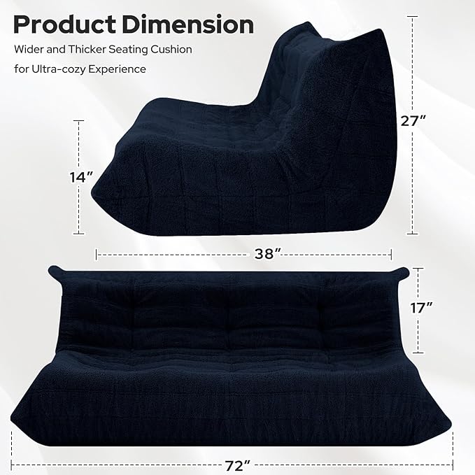 HABUTWAY Bean Bag Chairs Fireside Lazy Floor Sofa, Soft Teddy Fleece 3 Seater Sofa with High-Resilience Foam Filling，Beanbag for Living Room, Bedroom, Office (Navy Blue Teddy)