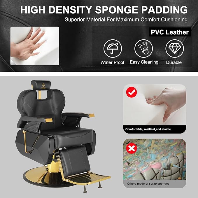 Modern Gold Salon Chair - Hydraulic, Adjustable, 360 Swivel, 440 lbs Capacity, PVC Leather Seat & Backrest